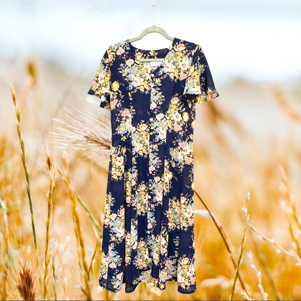 Vintage 1990s Floral Midi Dress Pearl Buttons